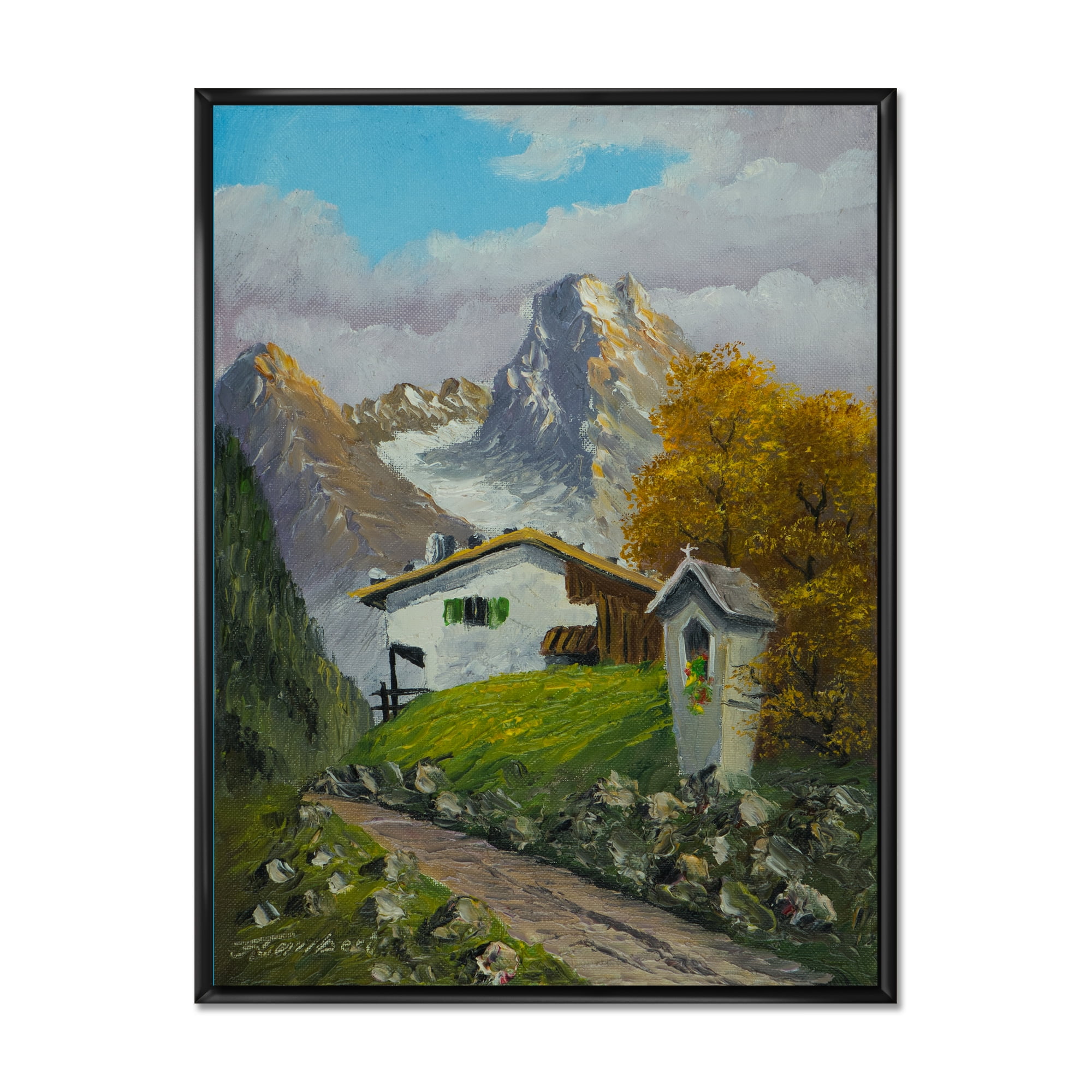 The Path Leading To A House Along Wayside Shrine 30 in x 40 in Framed Painting Canvas Art Print, by Designart