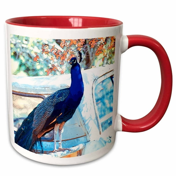3drose, the Peacock and the Pickup, 15oz Two-tone Red Mug