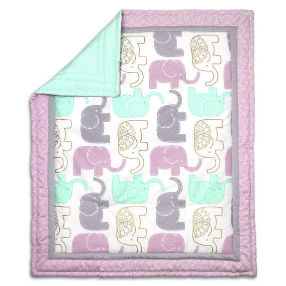 The Peanut Shell Baby Girl Crib Quilt - Little Peanut Lilac Purple and Gold Elephants - 100% Cotton Sateen Fabrics; 44 by 37 Inches