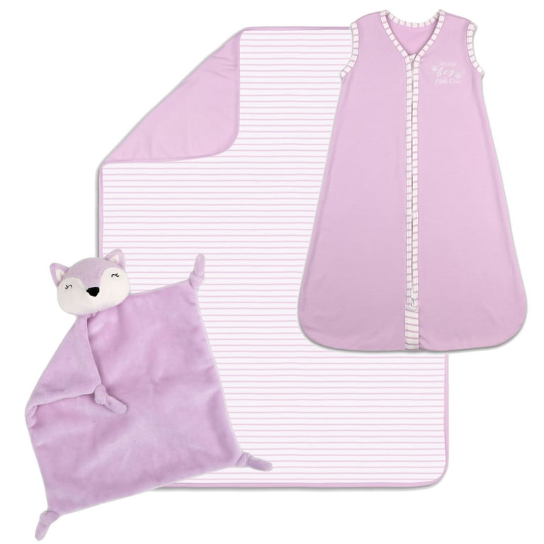 The Peanut Shell Baby Girl Sleep Time 3 Piece Gift Set 100 Lightweight Cotton Purple Sleep Bag Blanket and Fox Security Blanket