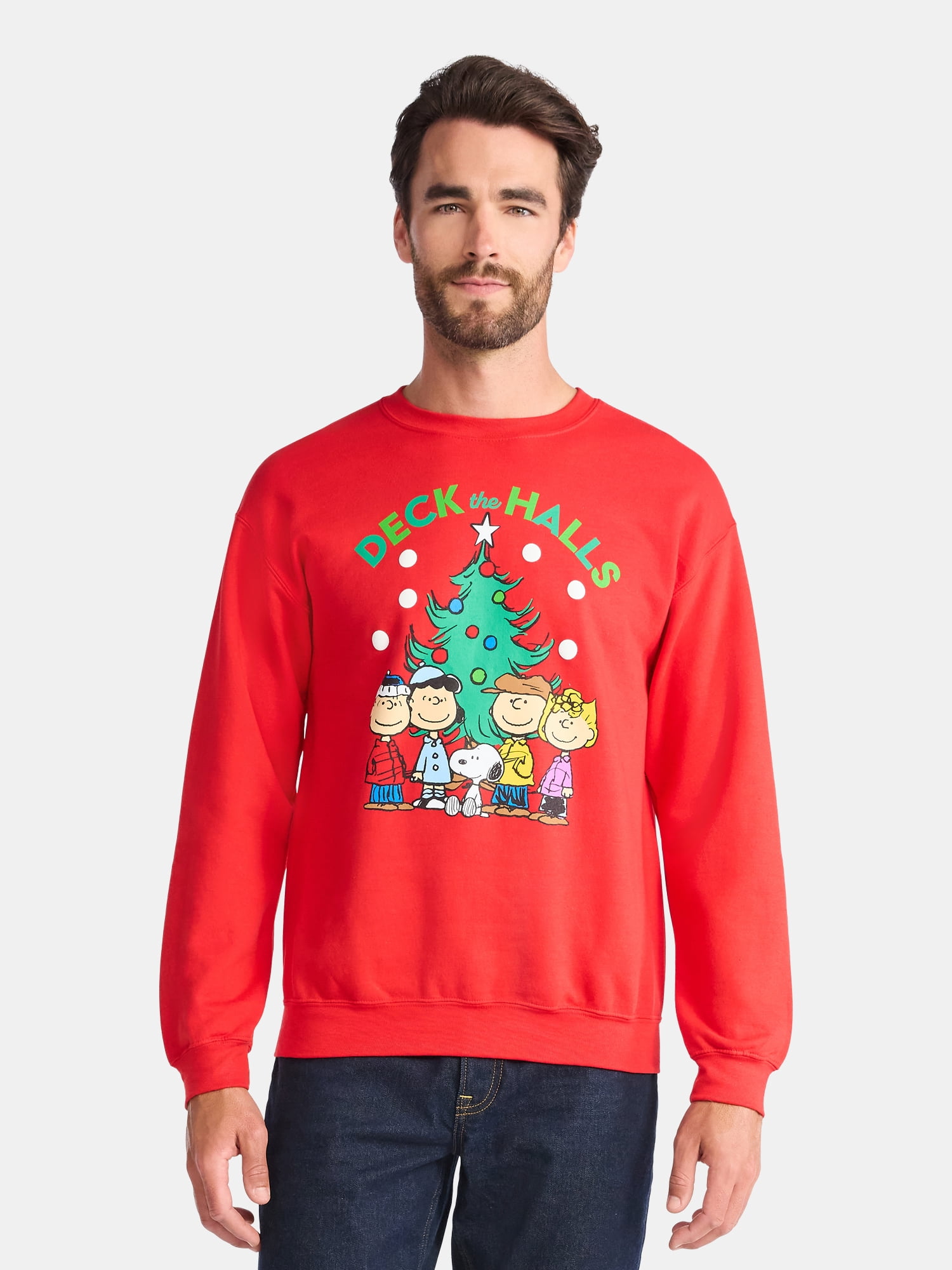 Peanuts Deck the Halls Men's and Big Men's Holiday Graphic Fleece Sweatshirt, Sizes S-3XL