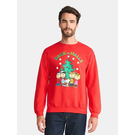 Peanuts Deck the Halls Men's and Big Men's Holiday Graphic Fleece Sweatshirt, Sizes S-3XL