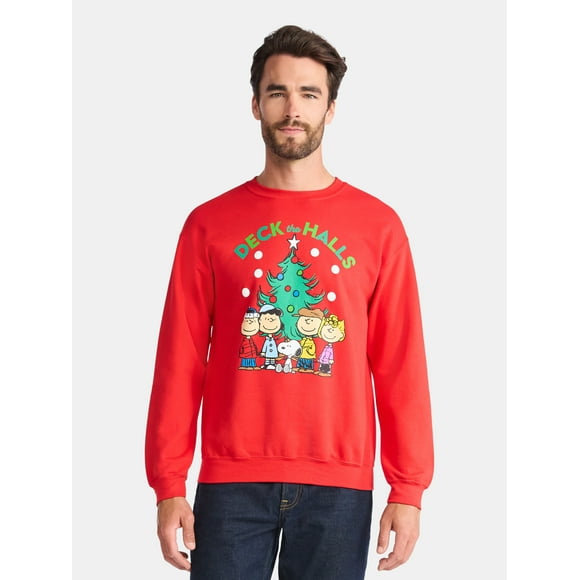 Peanuts Deck the Halls Men's and Big Men's Holiday Graphic Fleece Sweatshirt, Sizes S-3XL