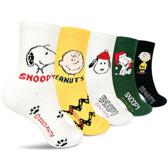 The Peanuts Snoopy Women and teen girls Cartoon Character Series Licensed Fuzzy Crew Socks Assorted Colors 5 Pack Set Collection