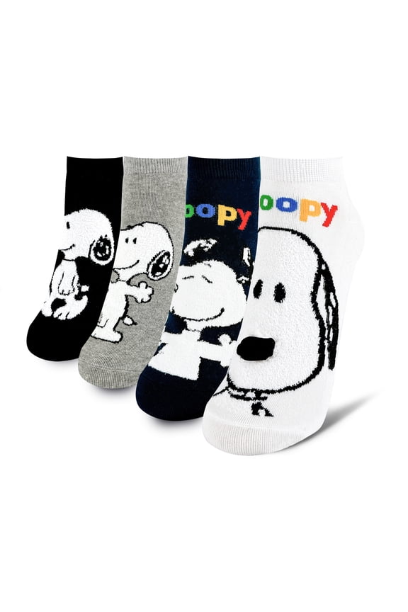 The Peanuts Snoopy Women and teen girls Cartoon Character Series Licensed No Show Socks Assorted Colors 4 Pack Set Collection