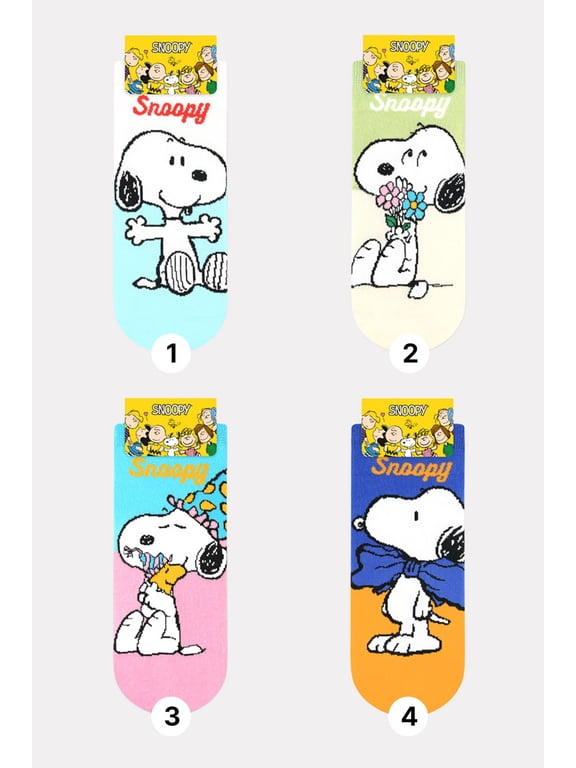Snoopy Women and teen girls Cartoon Character Series Licensed No Show Socks Assorted Colors 4 Pack Set Collection