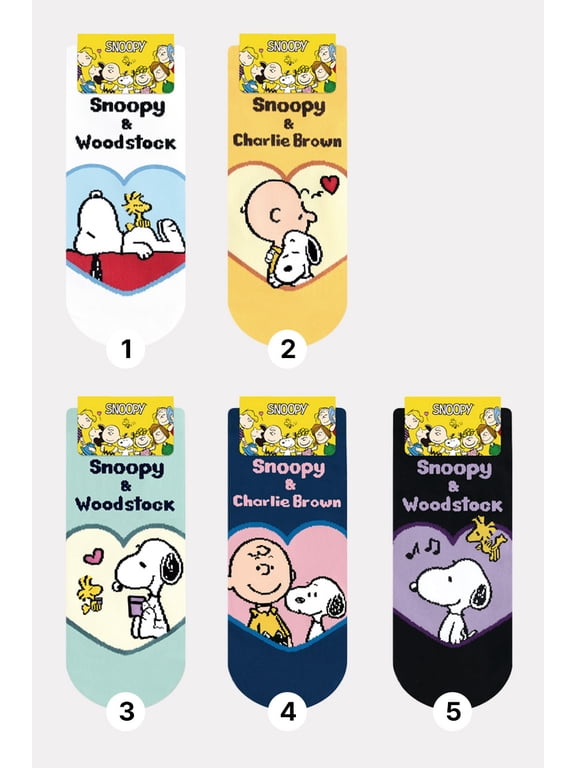 Snoopy Women and teen girls Cartoon Character Series Licensed No Show Socks Assorted Colors 5 Pack Set Collection