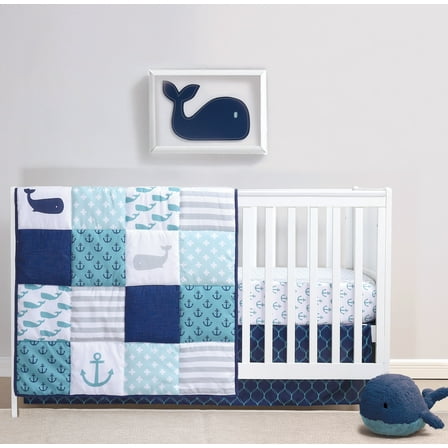 The Peanutshell 3-Piece Nautical Whale Patchwork Crib Bedding Set