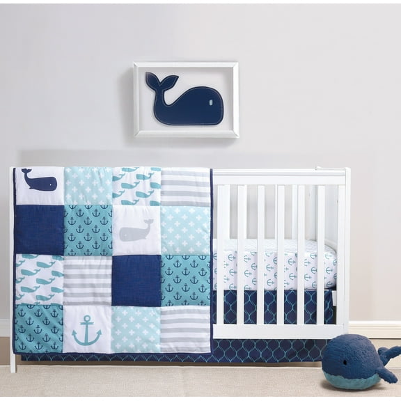The Peanutshell 3-Piece Nautical Whale Patchwork Crib Bedding Set