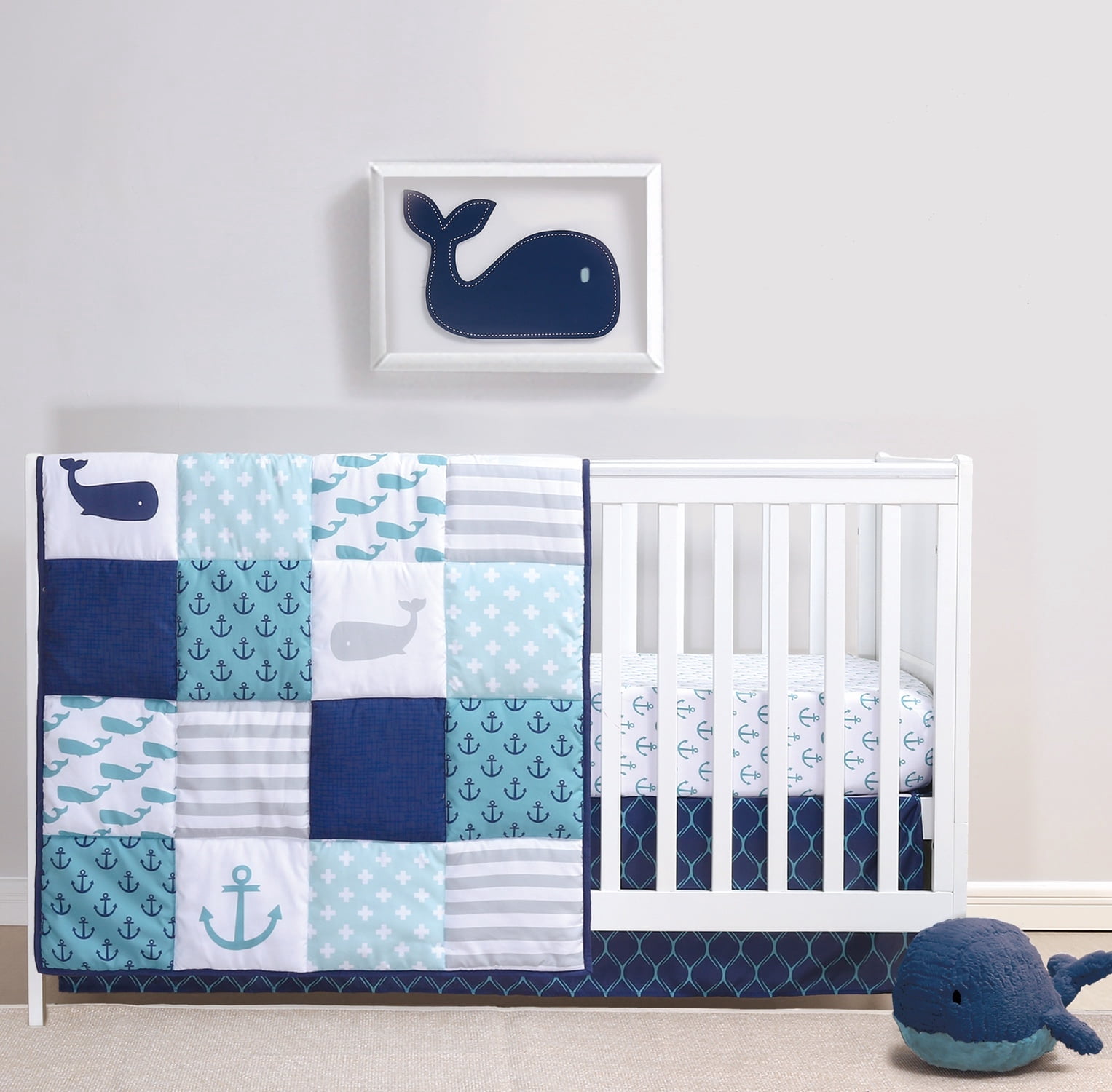 The Peanutshell, Crib Bedding Set, Nautical Whale Patchwork 3-Piece