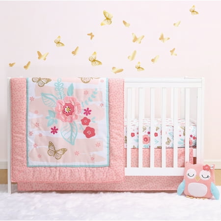 The Peanutshell Aflutter 3 Piece Nursery Bedding Sets, with Quilt, Fitted Crib Sheet, Dust Ruffle