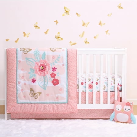 The Peanutshell Nursery Crib Bedding Set for Baby Girls, Floral and Butterfly Design, 3-Piece