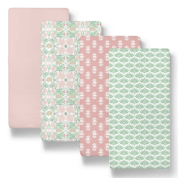 The Peanutshell Baby Bassinet Sheets for Newborns with Botanical Elephant Design, 4-Pack
