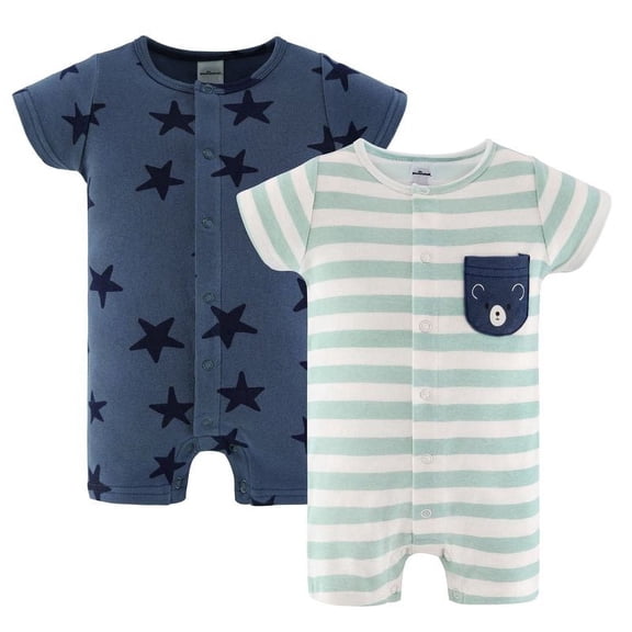 The Peanutshell Baby Rompers Set, Baby Boy Rompers for 12 Months, Blue Star Design, 2-Pack