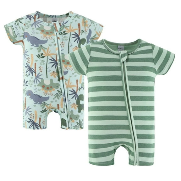 The Peanutshell Baby Rompers Set, Baby Boy Rompers for Newborns, Green Dino Design, 2-Pack