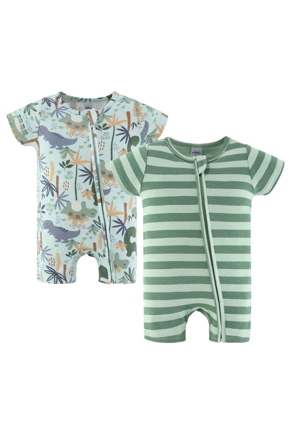Baby Rompers Set, Baby Boy Rompers for Newborns, Green Dino Design, 2-Pack