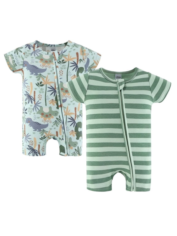 Baby Rompers Set, Baby Boy Rompers for 3 Months, Green Dino Design, 2-Pack