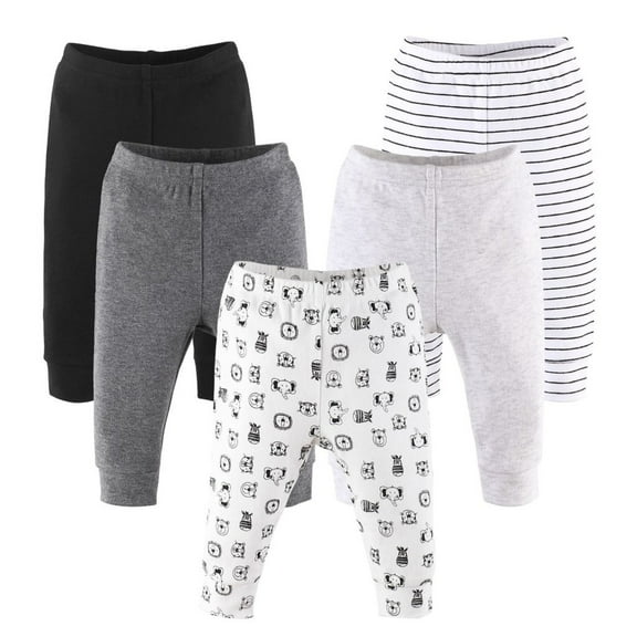 The Peanutshell Baby Boy or Baby Girl Pants Set, 5 Pack, Grey Safari Animals