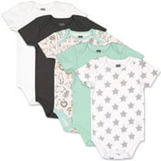 The Peanutshell Baby Boy or Baby Girl Short Sleeve Bodysuit Set, 5 Pack, Safari, Black, White, Sage, Stars