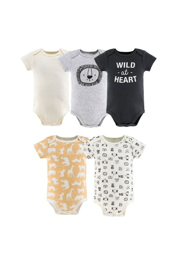 Baby Boy or Baby Girl Short Sleeve Bodysuits, 5 Pack, Safari Animals