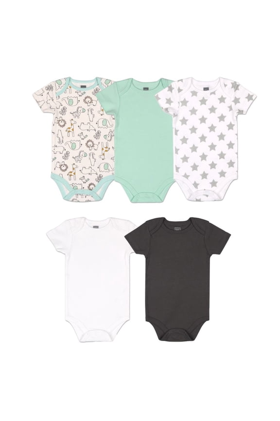 Baby Boy or Girl Short Sleeve Bodysuit Set, 5 Pack, Safari, Black, White, Sage, Stars