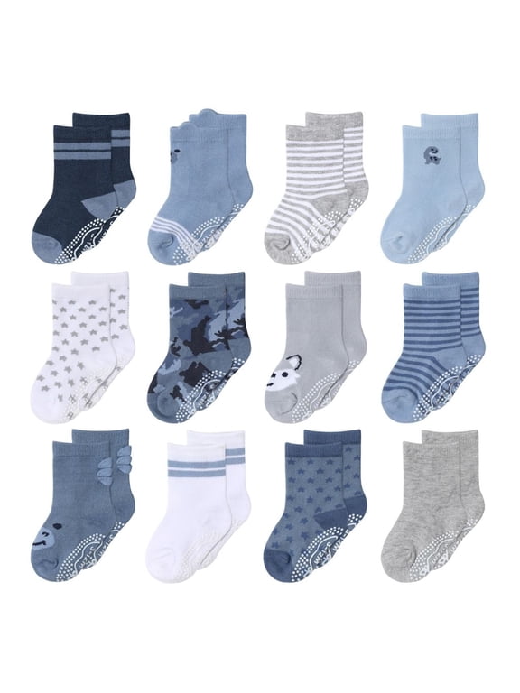 Organic Baby Socks, Cotton Crew Socks for Boys 3 Months, Blue/Gray, 12 Pairs