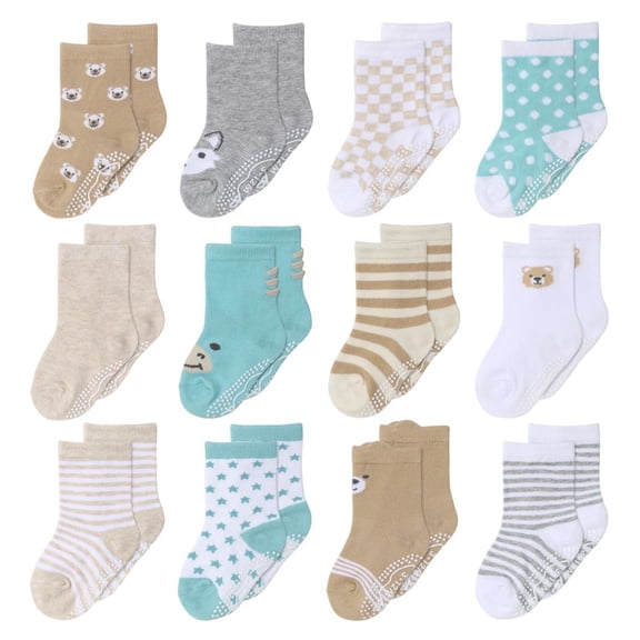 The Peanutshell Organic Baby Socks, Cotton Crew Socks for 12-24 Months, Grey Oatmeal Mint, 12 Pairs