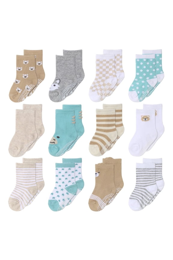 Organic Baby Socks, Cotton Crew Socks for 3-12 Months, Grey Oatmeal Mint, 12 Pairs