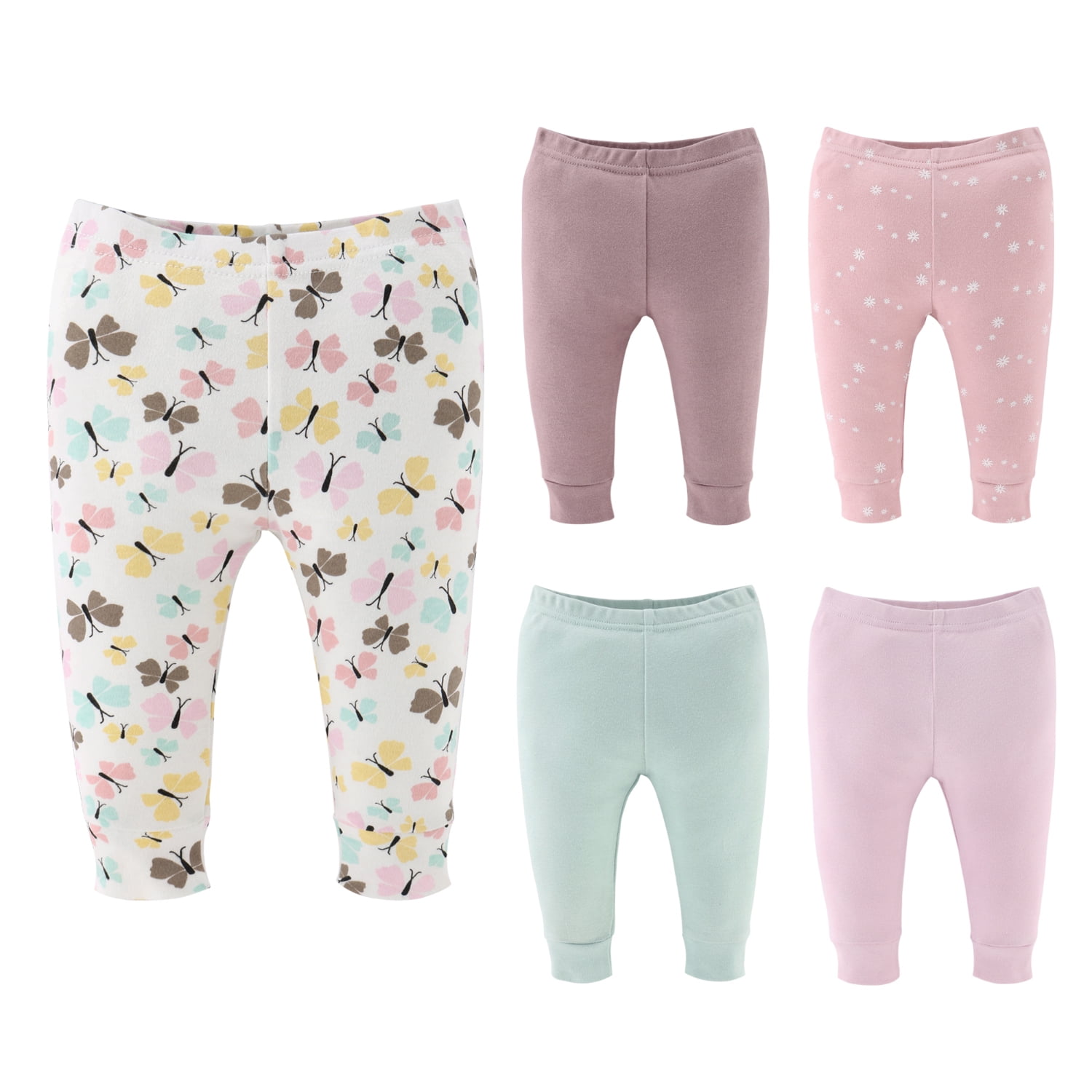 The Peanutshell Baby Girl Pants, Cotton Pull On Pants for 18-24 Months Old, Butterfly Kisses, 5-Pack