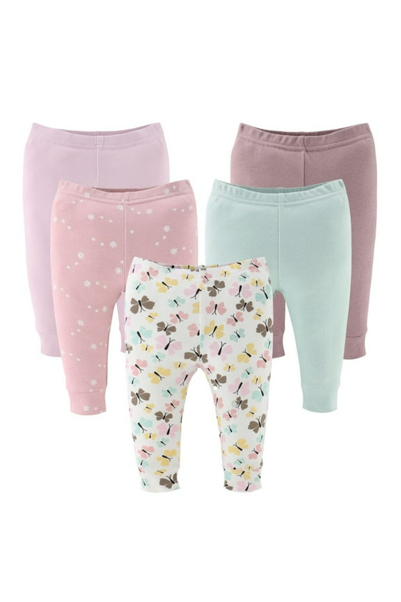 Baby Girl Pants, Cotton Pull On Pants for 0-3 Months Old, Butterfly Kisses, 5-Pack