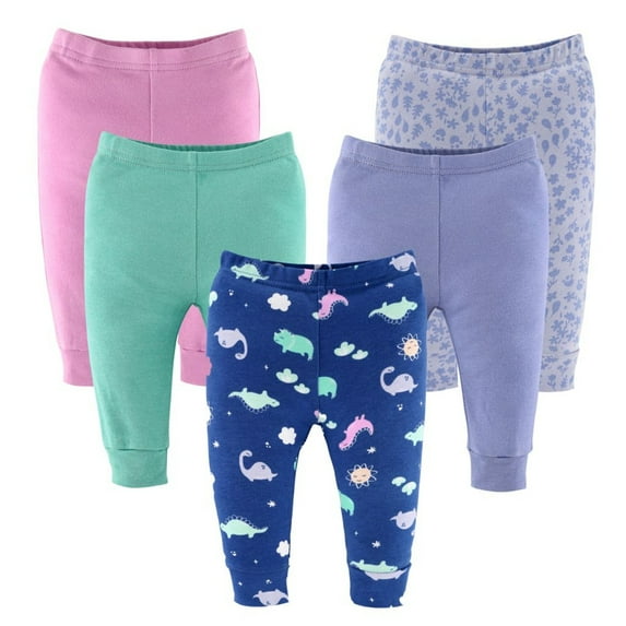 The Peanutshell Baby Girl Pants, Cotton Pull On Pants for 12-18 Months, Dino Girl, 5-Pack