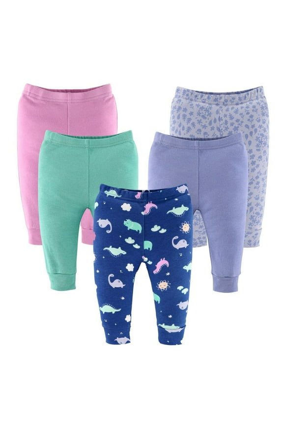 Baby Girl Pants, Cotton Pull On Pants for Newborn Girls, Dino Girl, 5-Pack