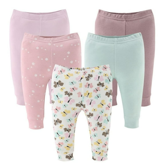 The Peanutshell Baby Girl Pants, Cotton Pull On Pants for Newborns, Butterfly Kisses, 5-Pack