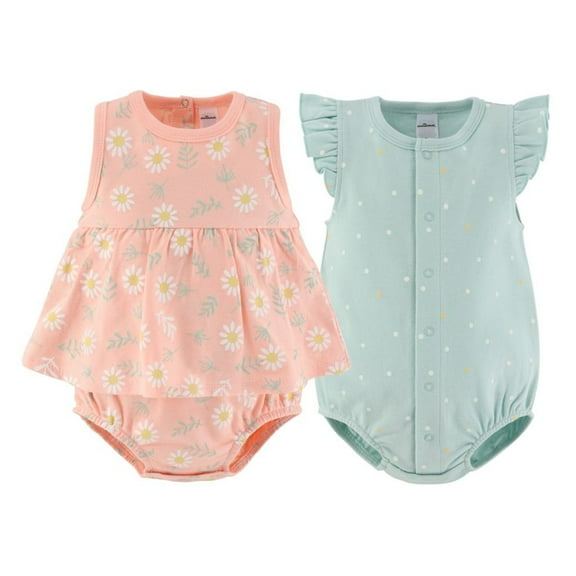 The Peanutshell Baby Rompers Set, Baby Girl Rompers for Newborns, Daisy Design, 2-Pack