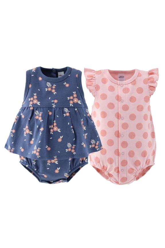 Baby Rompers Set, Baby Girl Rompers for 12 Months, Navy Floral Design, 2-Pack