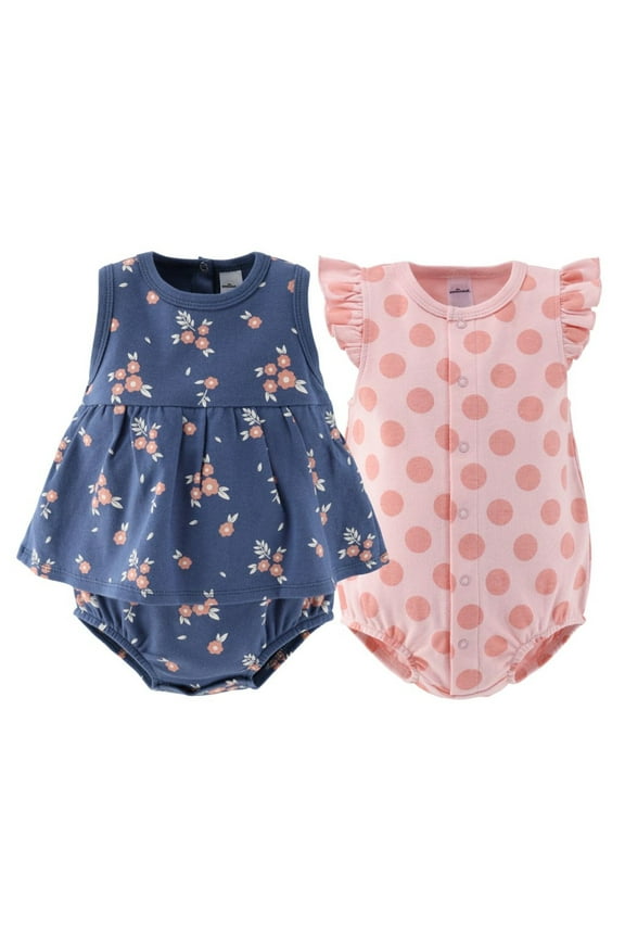 Baby Rompers Set, Baby Girl Rompers for 9 Months, Navy Floral Design, 2-Pack