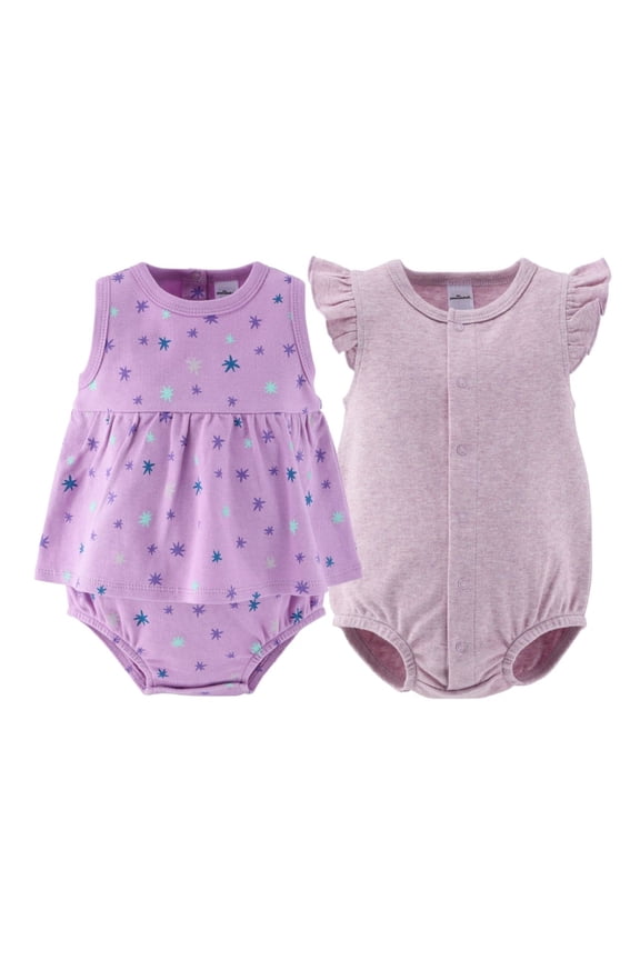 Baby Rompers Set, Baby Girl Rompers for 3 Months, Lilac Stars Design, 2-Pack