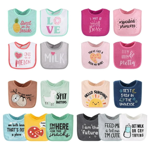 The Peanutshell Baby Girl Terry Bibs, 18 Pack for Feeding, Teething, or Drooling, Girl Foods/Hello Sunshine