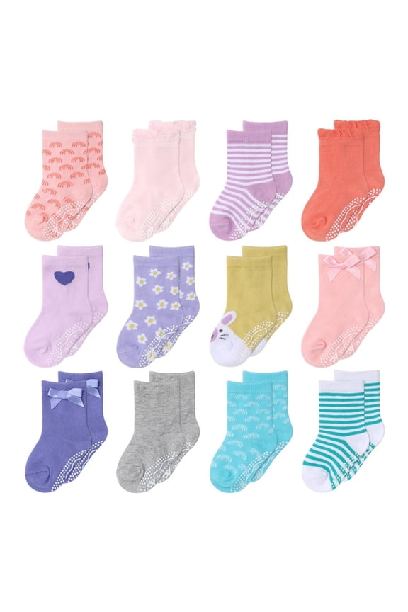 Organic Baby Socks, Cotton Crew Socks for Girls 12-24 Months, Pastel, 12 Pairs