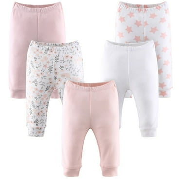 The Peanutshell Baby Pants for Girls 5 Pack Pink White Floral Stars