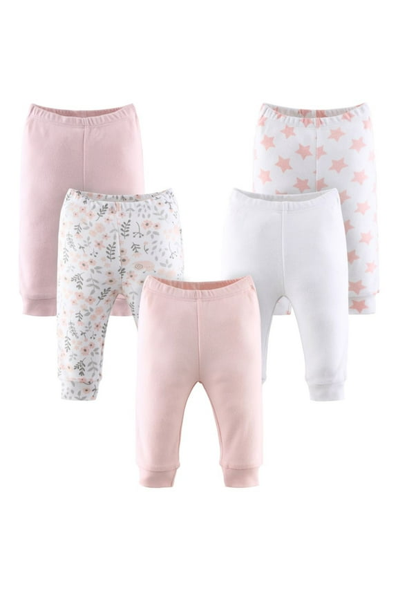 Baby Pants for Girls 5 Pack Pink White Floral Stars