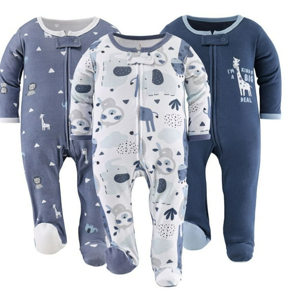 The Peanutshell Baby Sleep n Play Footed Pajamas for Baby Boys, Blue Safari, 3 Pack, 0-3 Months