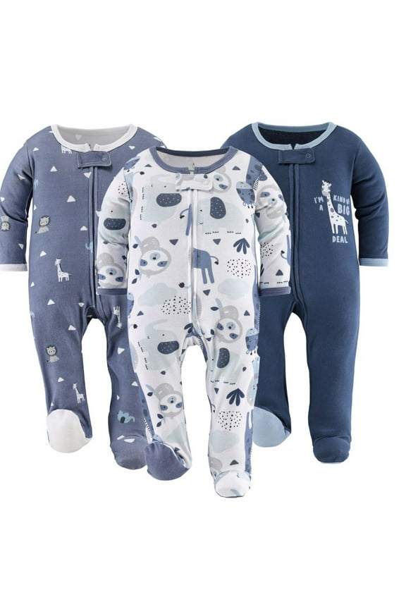 Baby Sleep n Play Footed Pajamas for Baby Boys, Blue Safari, 3 Pack, 0-3 Months