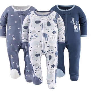 The Peanutshell Sleep n Play Blue Safari Footed Pajamas for Baby Boys Set, 3-6 Months, 3-Pack
