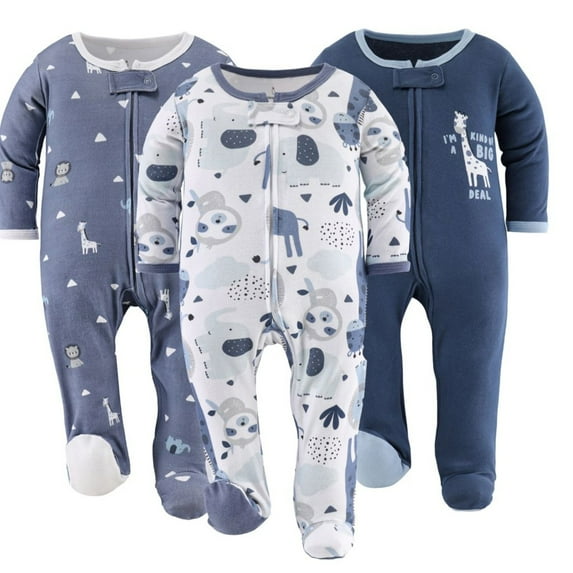 The Peanutshell Sleep n Play Blue Safari Footed Pajamas for Baby Boys Set, 3-6 Months, 3-Pack