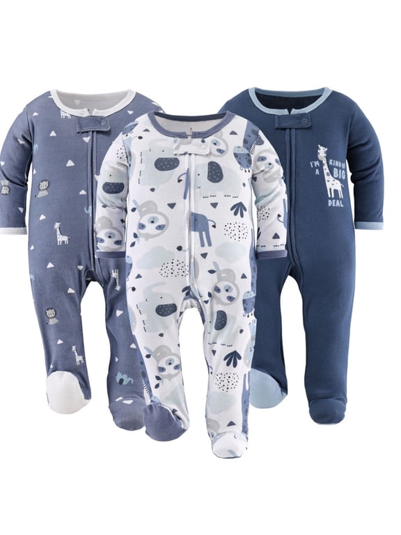 Sleep n Play Blue Safari Footed Pajamas for Baby Boys Set, Newborn, 3-Pack
