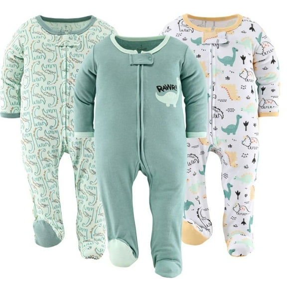 The Peanutshell Sleep n Play Green Dino Footed Pajamas for Baby Boys Set, Newborn, 3-Pack