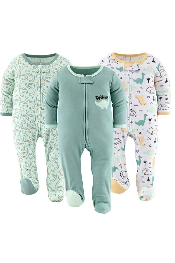 Sleep n Play Green Dino Footed Pajamas for Baby Boys Set, Newborn, 3-Pack