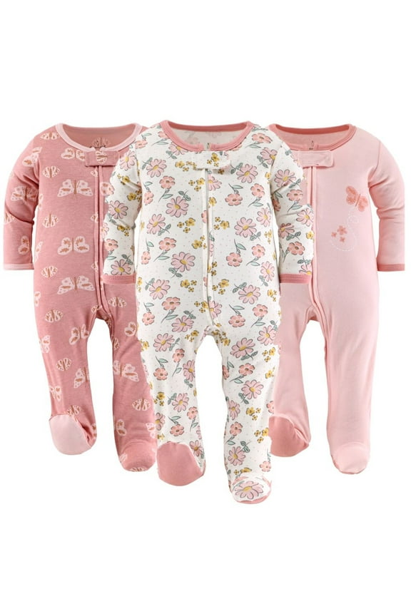 Sleep n Play Boho Butterfly Footed Pajamas for Baby Girls Set, 0-3 Months, 3-Pack