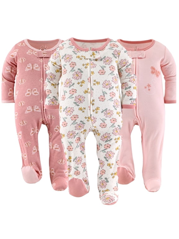 Sleep n Play Boho Butterfly Footed Pajamas for Baby Girls Set, Newborn, 3-Pack